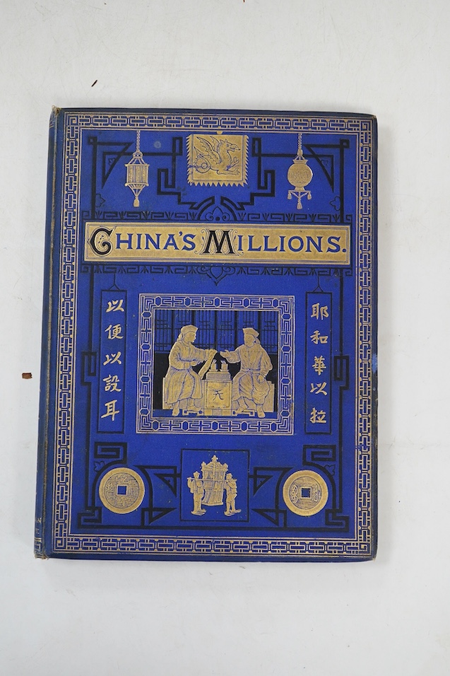 Taylor, J. Hudson (editor) China's Millions. (2nd edition). pictorial vignette title, mounted photo. frontis., engraved text illus. (some full page) and a coloured folded map; original gilt pictorial cloth, ge., 4to. 187